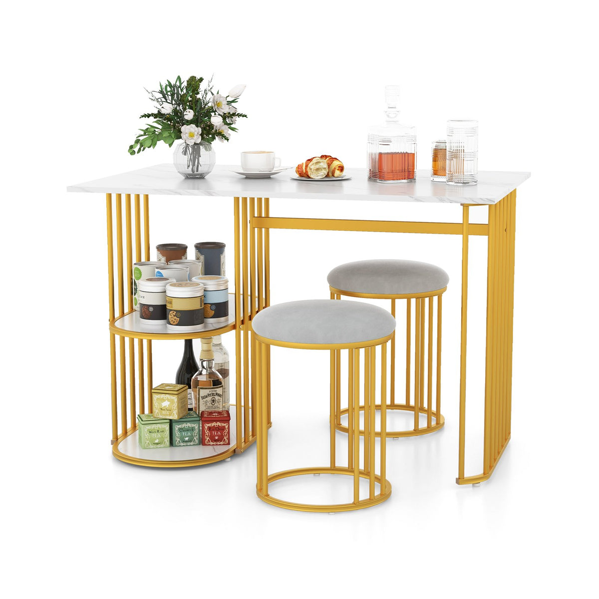 3 Piece Dining Table Set with 2 Stools and Rectangular Dining Table ...