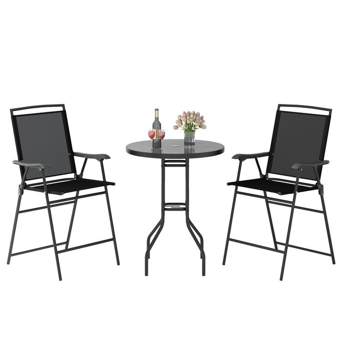 3-Piece Outdoor Bar Stool Set with DPC Tabletop and Umbrella Hole and Footrest-