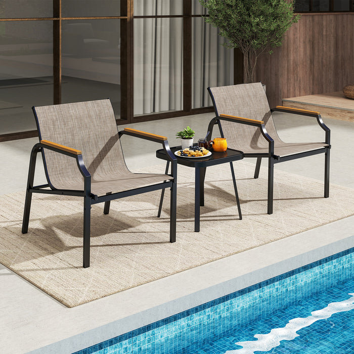 3 Piece Outdoor Chair Set with Breathable Fabric Seat and Wood-Plastic Armrests-