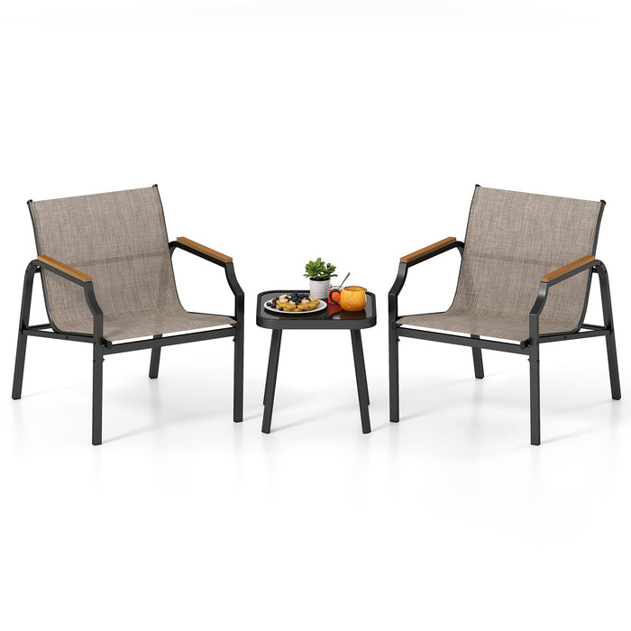 3 Piece Outdoor Chair Set with Breathable Fabric Seat and Wood-Plastic Armrests-
