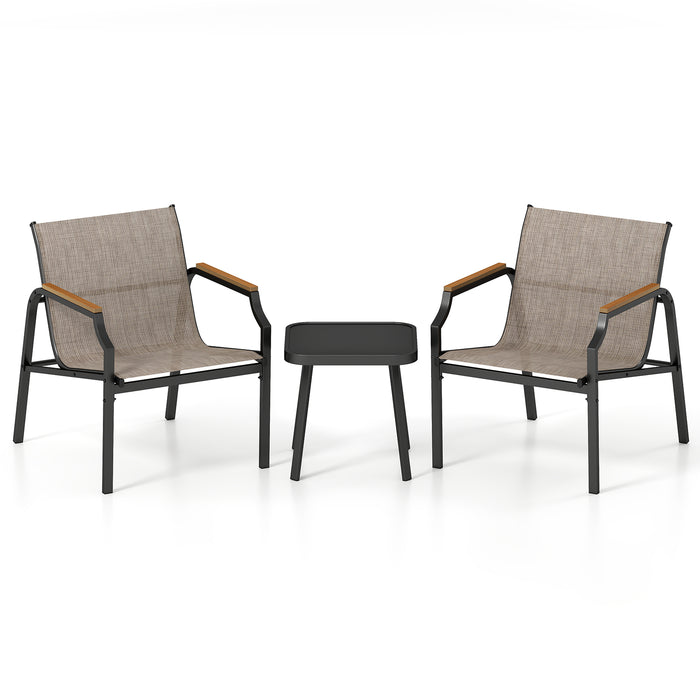 3 Piece Outdoor Chair Set with Breathable Fabric Seat and Wood-Plastic Armrests-