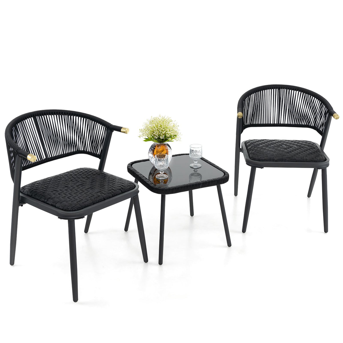 3 Piece Outdoor Wicker Furniture Set with Tempered Glass Coffee Table-