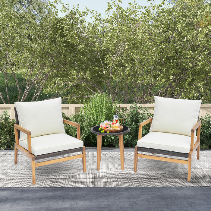 Wicker Garden Set - 3 Piece Chair and Side Table Set with Soft Cushions - Perfect Outdoor Seating Solution for Patio and Garden Parties