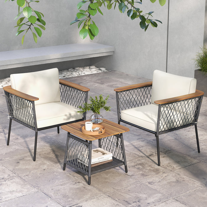 3 Piece Patio Furniture Set with Acacia Wood Armrests and Tabletop-