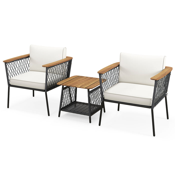 3 Piece Patio Furniture Set with Acacia Wood Armrests and Tabletop-
