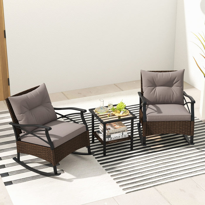 3 Piece Patio Rocker Set with Coffee Table and Cushions-