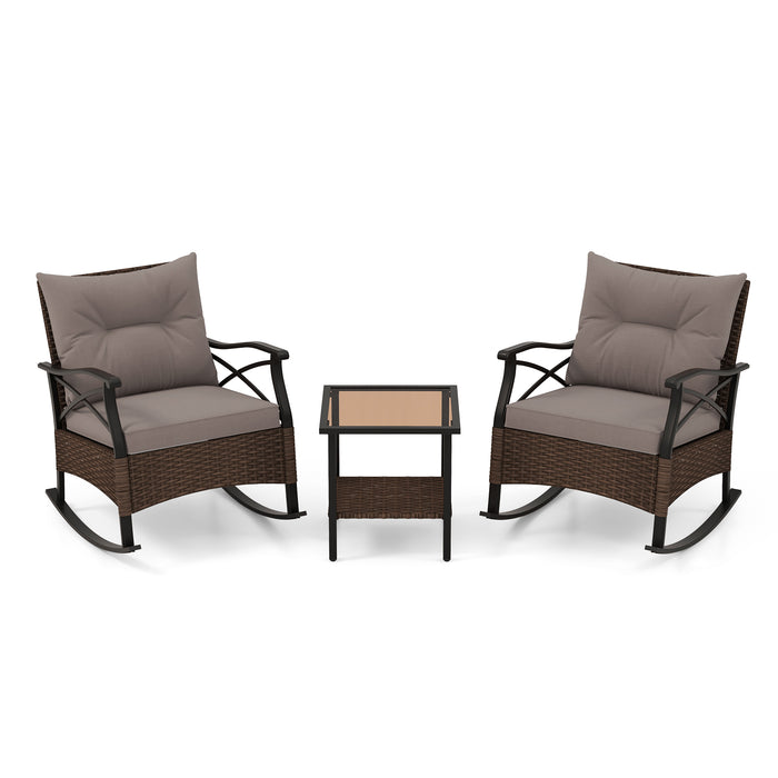 3 Piece Patio Rocker Set with Coffee Table and Cushions-
