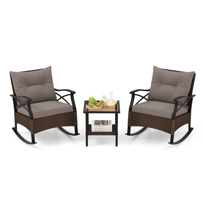 3 Piece Patio Rocker Set with Coffee Table and Cushions-