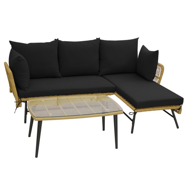 3-Piece L-Shaped Patio Set - Outdoor Conversation Furniture with Tempered Glass Table in Black - Ideal for Garden Parties and Social Gatherings