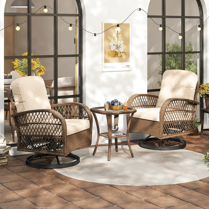 3 Pieces Outdoor Patio Furniture Set with Table and 2 Swivel Rocking Chairs-