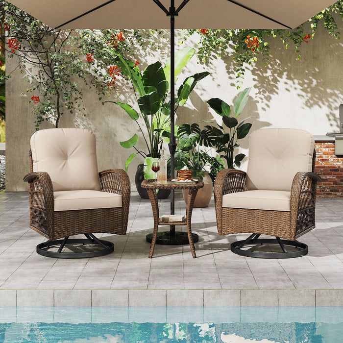 3 Pieces Outdoor Patio Furniture Set with Table and 2 Swivel Rocking Chairs-