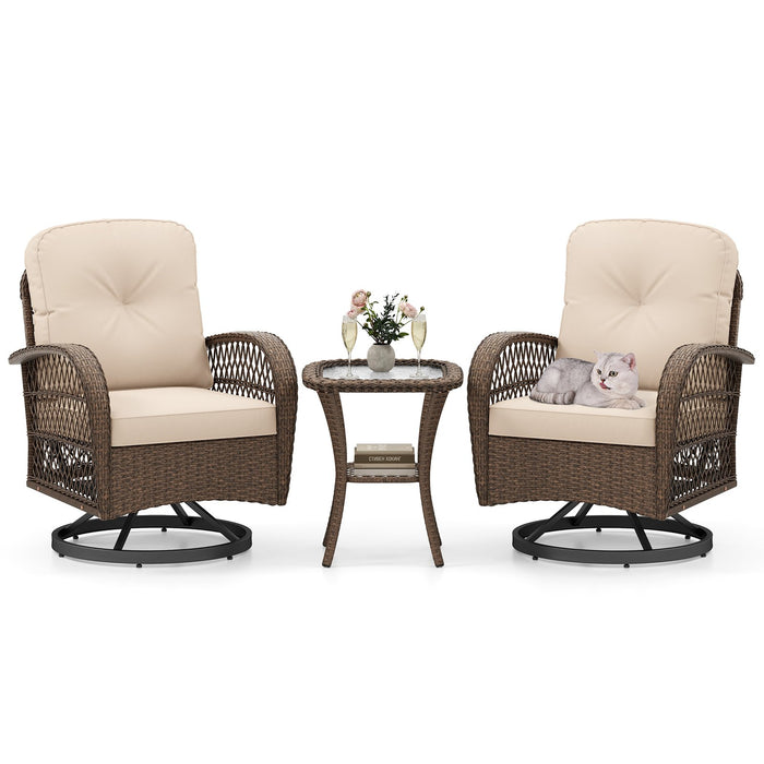 3 Pieces Outdoor Patio Furniture Set with Table and 2 Swivel Rocking Chairs-
