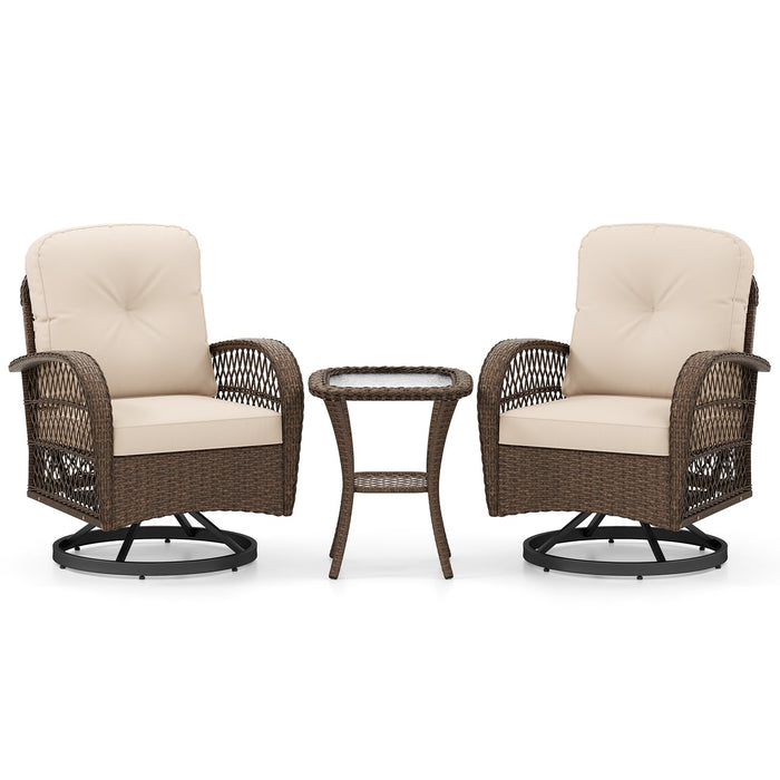 3 Pieces Outdoor Patio Furniture Set with Table and 2 Swivel Rocking Chairs-