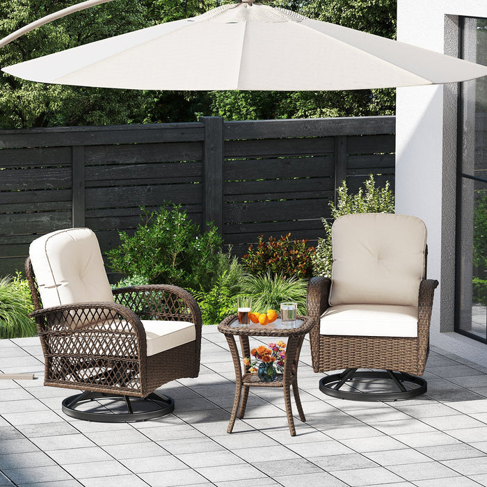 3 Pieces Outdoor Patio Furniture Set with Table and 2 Swivel Rocking Chairs-