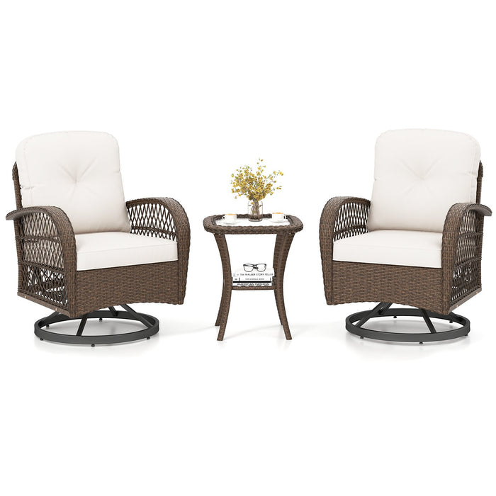 3 Pieces Outdoor Patio Furniture Set with Table and 2 Swivel Rocking Chairs-
