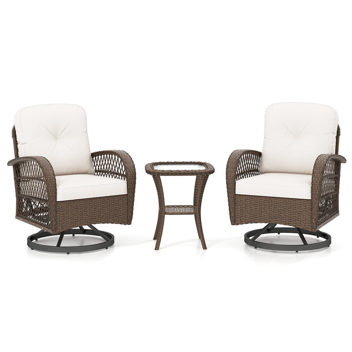 3 Pieces Outdoor Patio Furniture Set with Table and 2 Swivel Rocking Chairs-