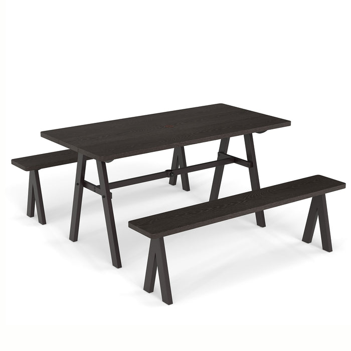 3 Pieces Outdoor Picnic Table and Benches Set for 6 People with 49MM Umbrella Hole-Dark Brown