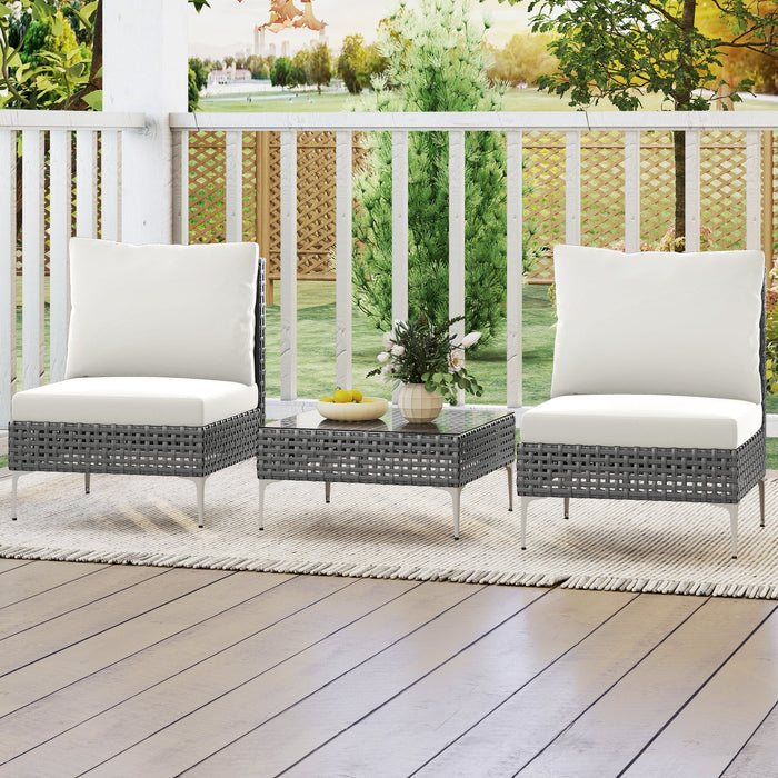 3 Pieces PE Rattan Conversation Chairs with Tempered Glass Coffee Table for Garden Porch-