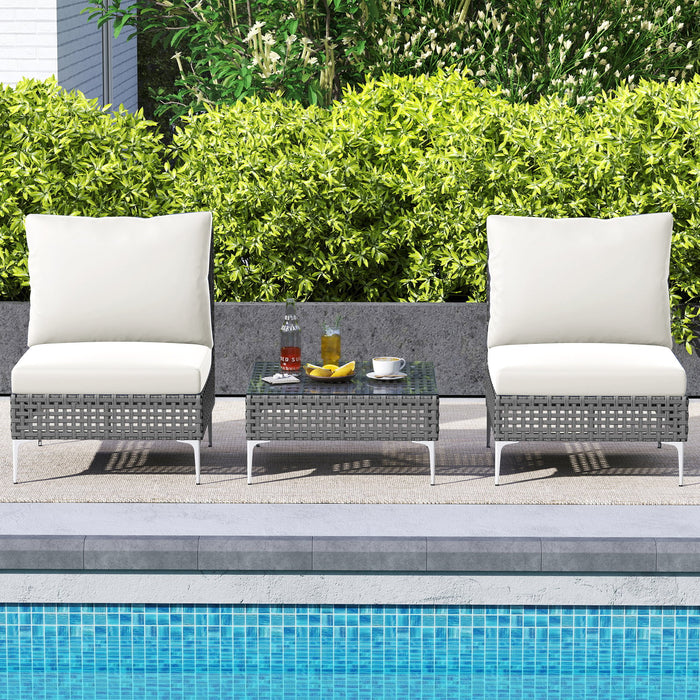 3 Pieces PE Rattan Conversation Chairs with Tempered Glass Coffee Table for Garden Porch-