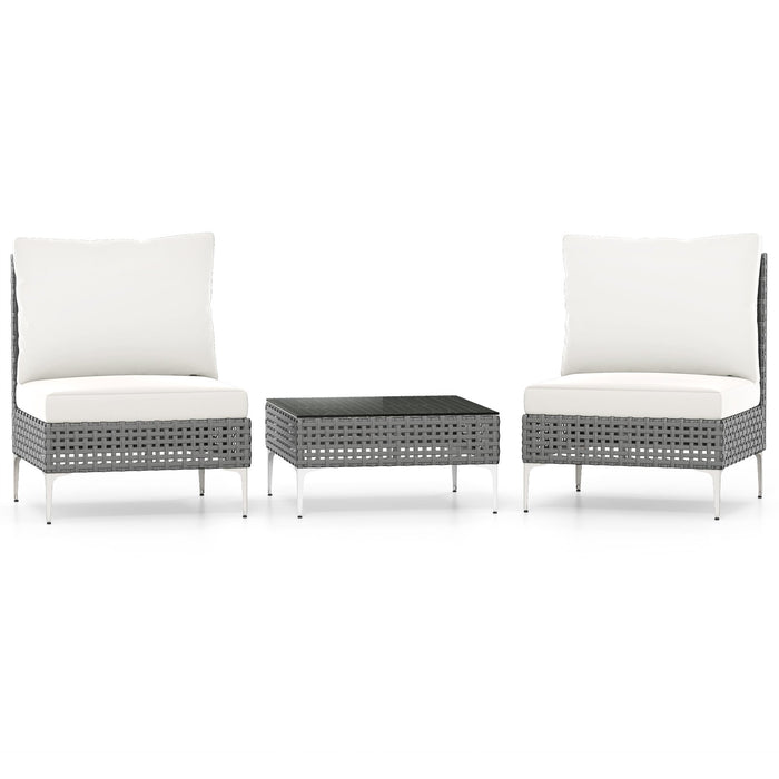 3 Pieces PE Rattan Conversation Chairs with Tempered Glass Coffee Table for Garden Porch-