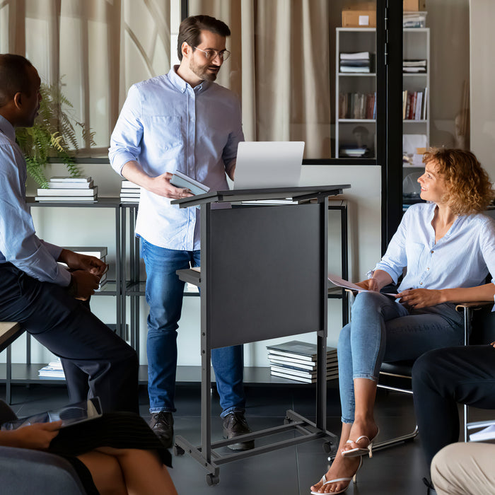 3-Position Height Adjustable Rolling Podium Stand with Tilted Tabletop-