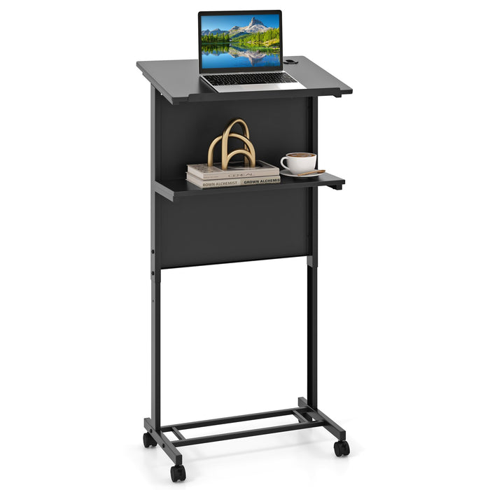 3-Position Height Adjustable Rolling Podium Stand with Tilted Tabletop-