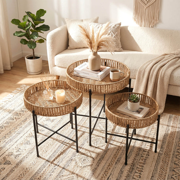 Set of 3 Round Nesting Side Tables Weaving End Tables with Metal Legs-