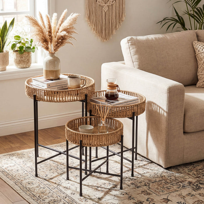 Set of 3 Round Nesting Side Tables Weaving End Tables with Metal Legs-