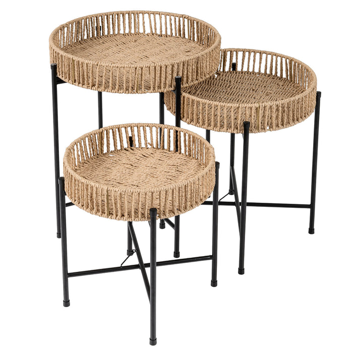 Set of 3 Round Nesting Side Tables Weaving End Tables with Metal Legs-