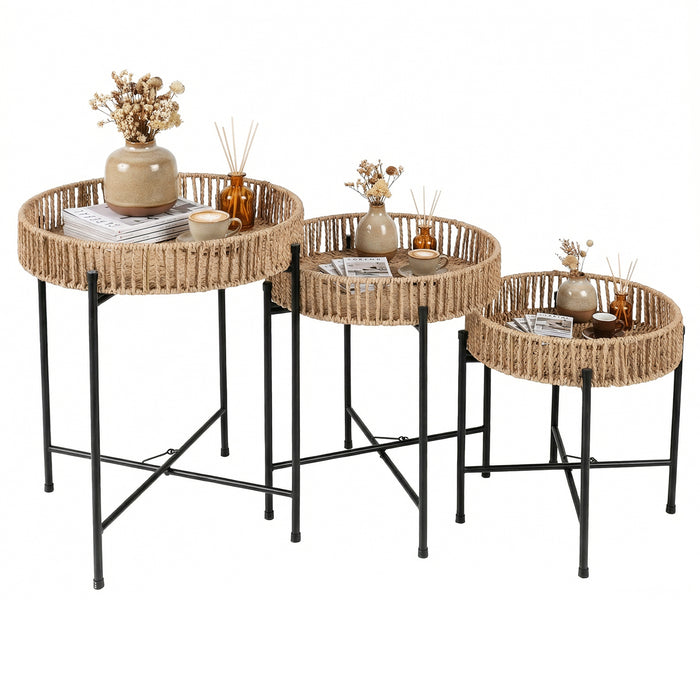Set of 3 Round Nesting Side Tables Weaving End Tables with Metal Legs-