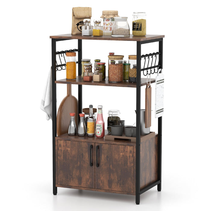 3-Tier Kitchen Bakers Rack with Cabinet Open Shelves and 10 Removable S-Shaped Hooks-Brown