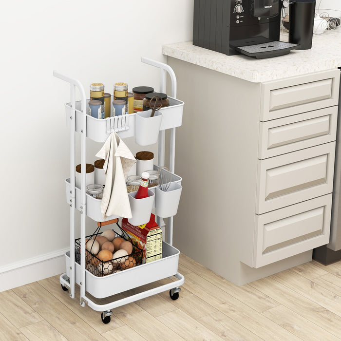 3-Tier Rolling Cart with 3 Hanging Cups and 6 Hooks-White