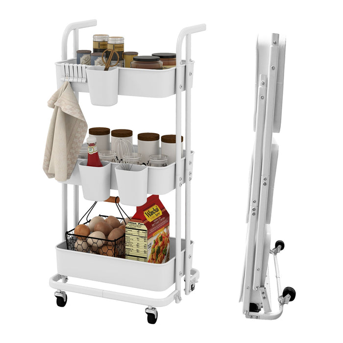3-Tier Rolling Cart with 3 Hanging Cups and 6 Hooks-White