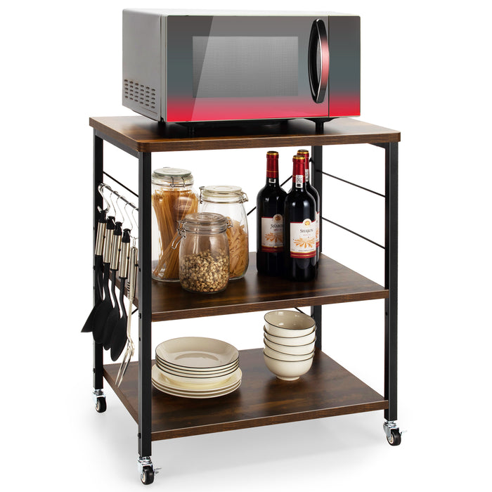 3 Tier Rolling Kitchen Baker's Rack with Adjustable Shelf and Hooks-Net Brown