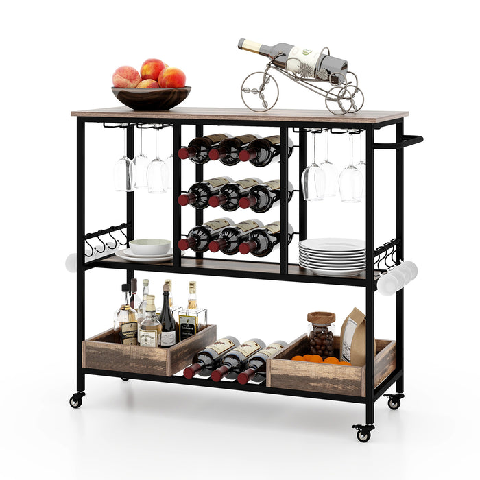 3 Tiers Bar Cart on Wheels with Glass Racks-Rustic Brown
