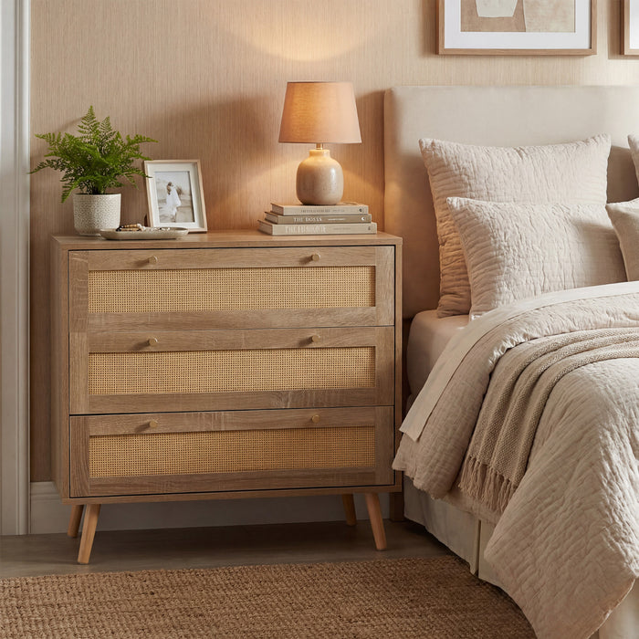 3-Drawer Rattan Dresser Boho Wooden Nightstand with 3 Drawers-
