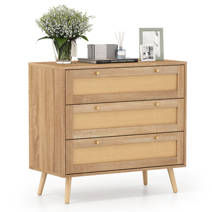 3-Drawer Rattan Dresser Boho Wooden Nightstand with 3 Drawers-