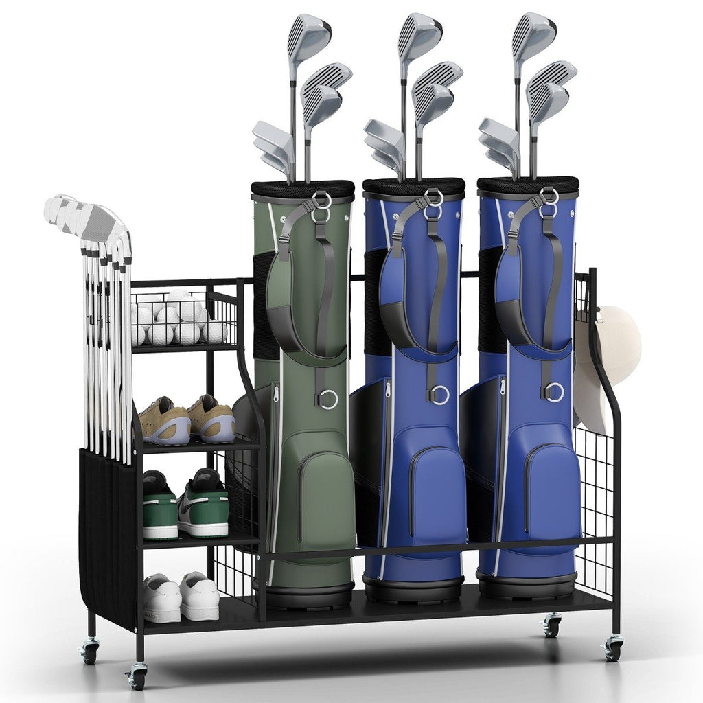 3 Golf Bag Stand for Clubs with Lockable Wheels and Removable Hooks-Black