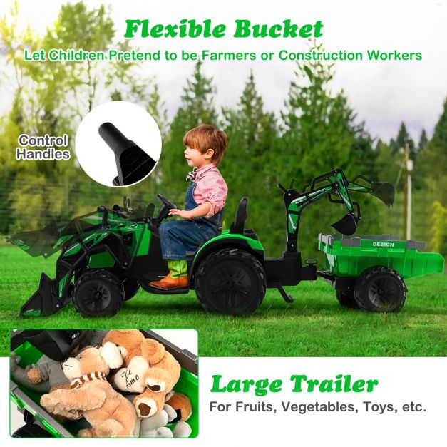 Ride-On Green Tractor and Trailer - 3 in 1, Shovel Bucket Toy Vehicle - Perfect for Stimulating Creative Play in Children