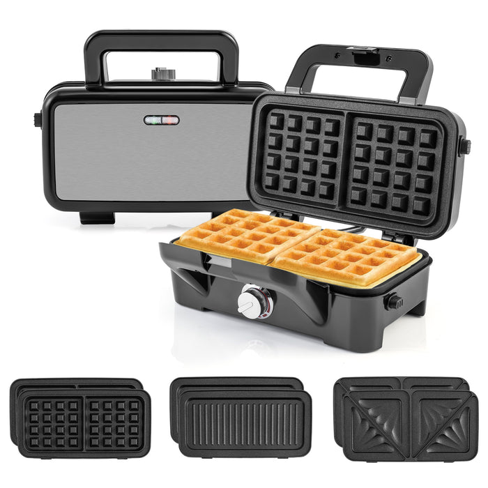 3 in 1 Waffle Maker with Non-stick Plates and Indicator Lights-Black
