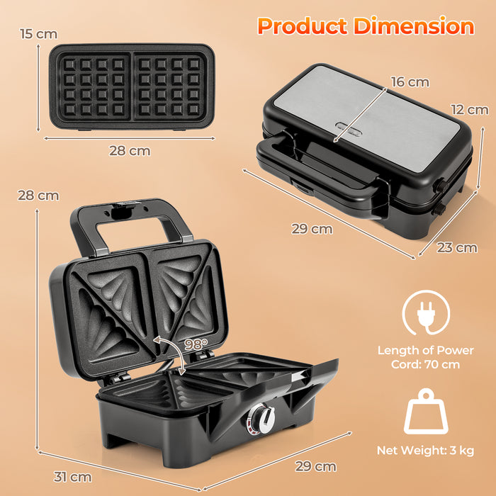 3 in 1 Waffle Maker with Non-stick Plates and Indicator Lights-Black