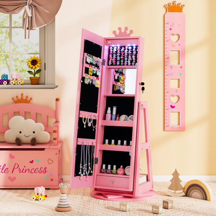 3 In 1 Kids Jewelry Cabinet 360° Swivel Jewelry Armoire with Mirror-