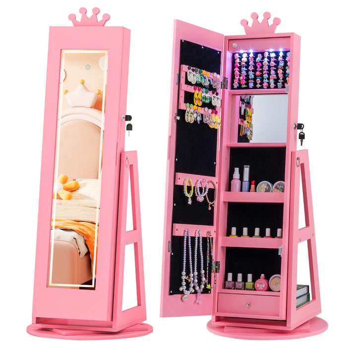 3 In 1 Kids Jewelry Cabinet 360° Swivel Jewelry Armoire with Mirror-