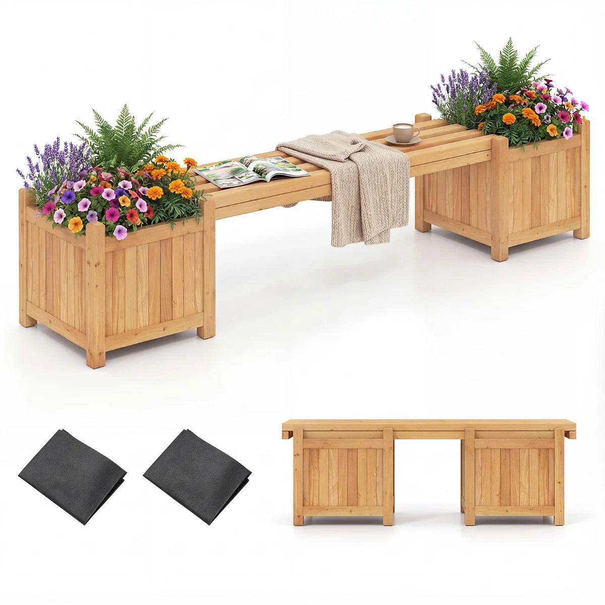 3-in-1 Outdoor Planter Box with Bench and 2 Side Garden Beds-