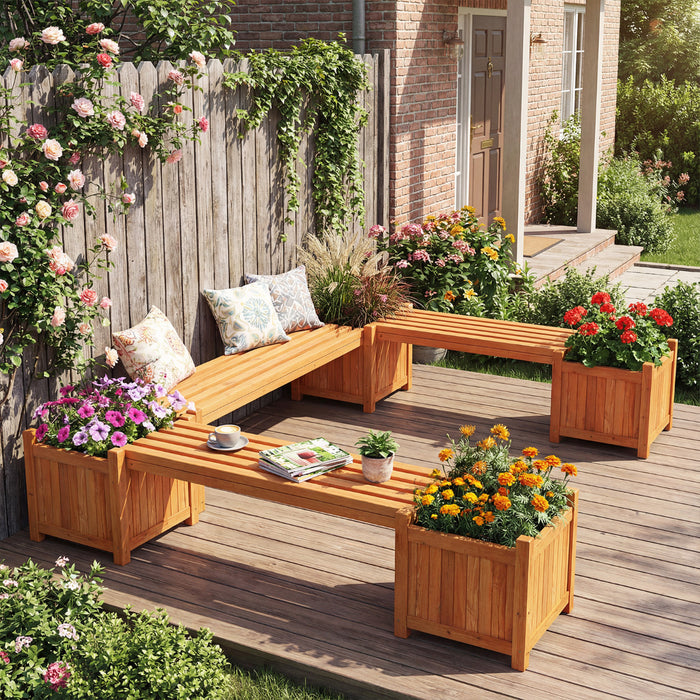 3-in-1 Outdoor Planter Box with Bench and 2 Side Garden Beds-