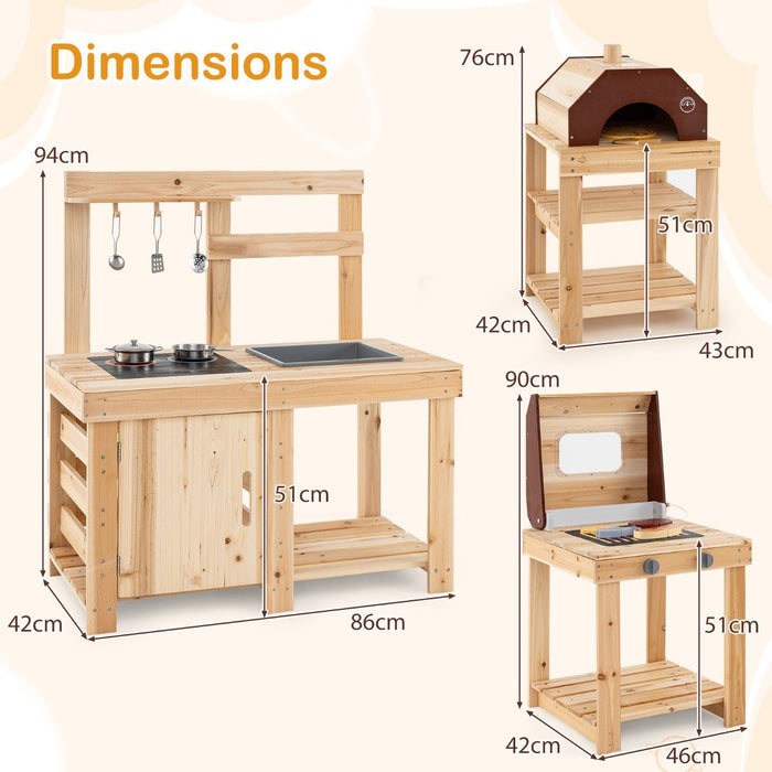 3-Piece Outdoor Kitchen Set with BBQ Grill and Pizza Oven-