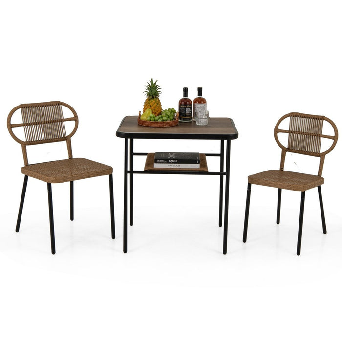 3 Pieces Patio Dining Set with 2 Varied-Size Stackable Rattan Chairs and Table-