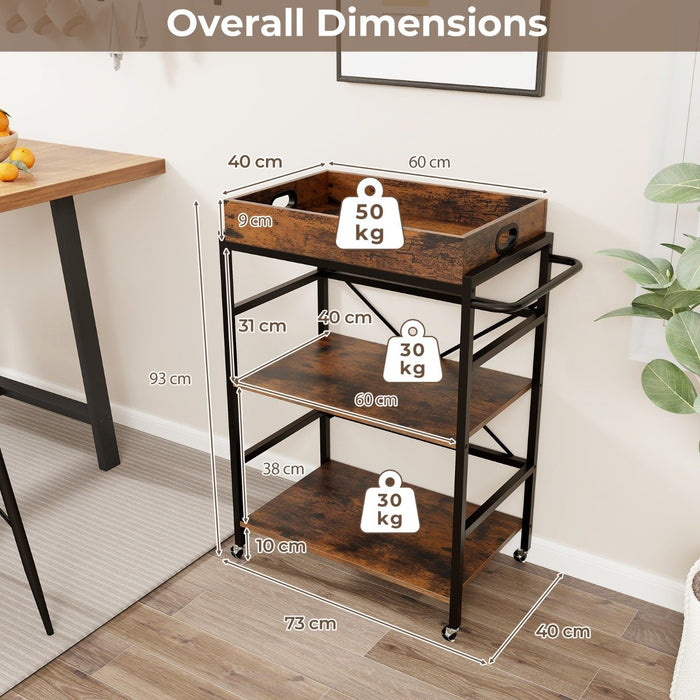 3-Tier Bar Cart Industrial Serving Cart with Detachable Tray-Rustic Brown