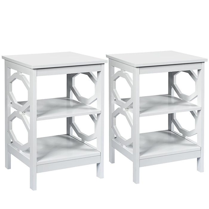 3-Tier Bedside Table with Storage Shelves for Living Room Bedroom Set of 2-White