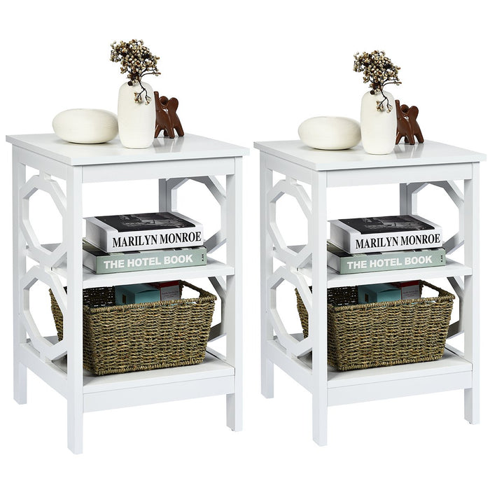 3-Tier Bedside Table with Storage Shelves for Living Room Bedroom Set of 2-White